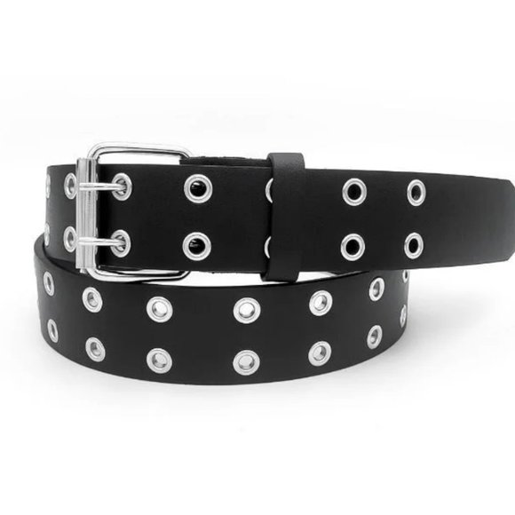 Black Unisex 2 Holes Row Grommet Bonded Leather Belt Size Extra Large - Picture 1 of 1